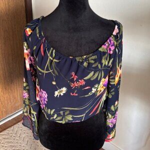 ASTR Semi Sheer Navy Floral Lined Long Sleeve Cropped Cottagecore Top EUC M